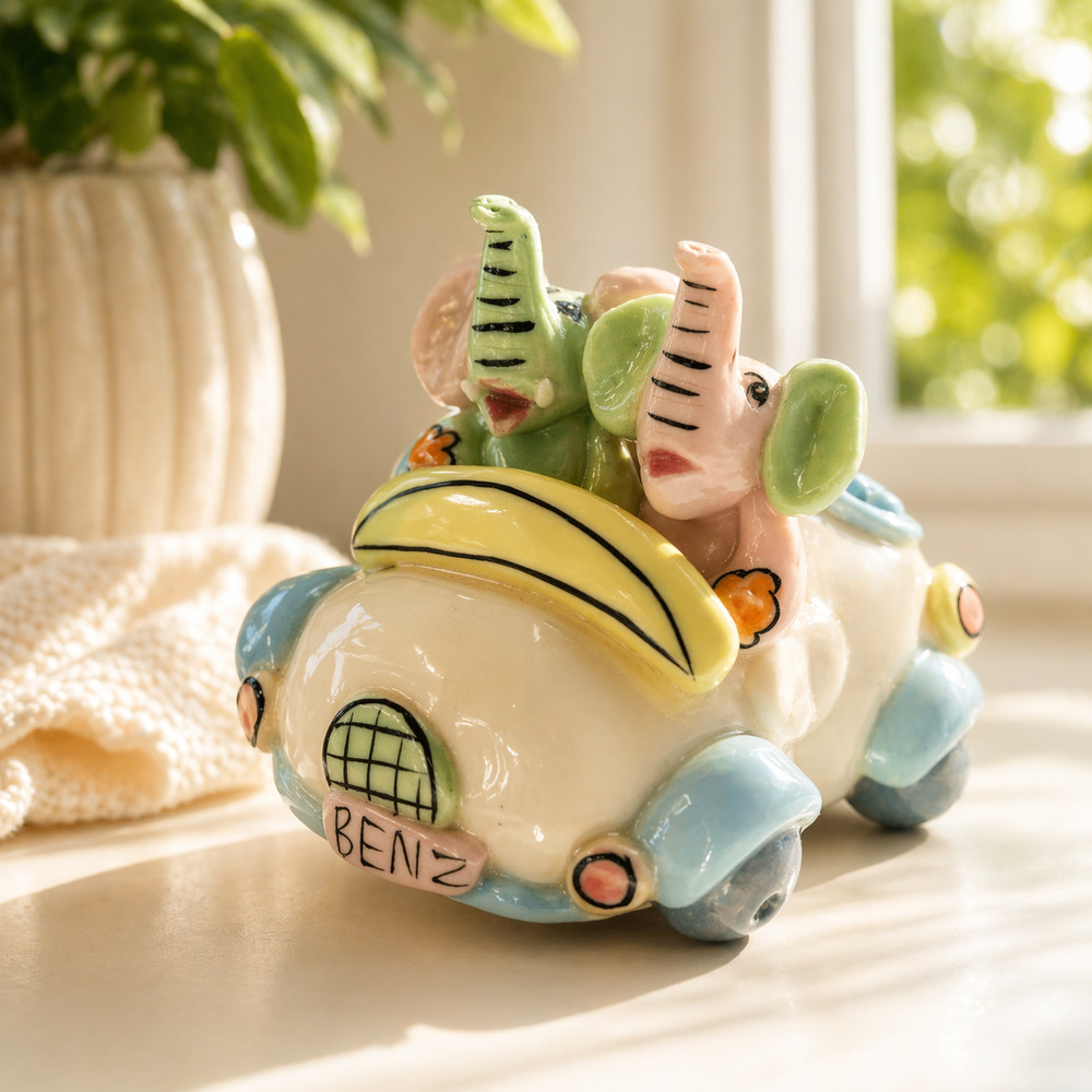 Vintage Ceramic Elephant Car Figurine | Whimsical Pastel Miniature Nursery Decor